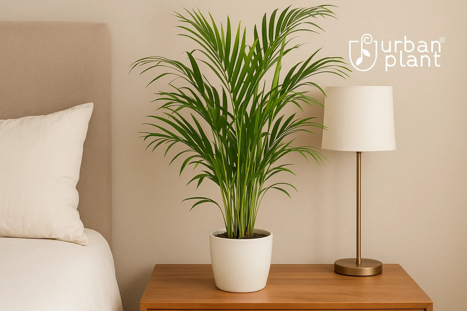 Areca Palm (Bamboo Palm) with lush green fronds in a ceramic pot on a bedside table in a modern bedroom for stress relief and better sleep – Urban Plant.